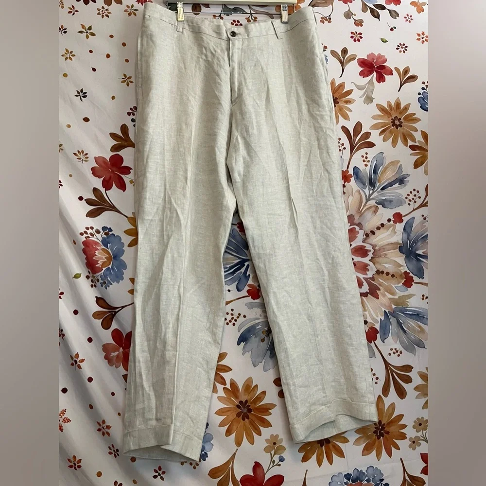 Charleston Khakis 35R Subtle Chevron Pleated Cuffed Beige Preppy Casual Pants